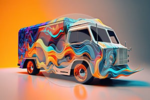 Abstract art in truck van in fire color pattern with hot wheel.