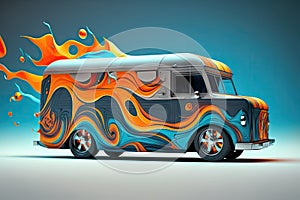 Abstract art in truck van in fire color pattern with hot wheel.