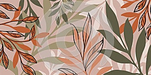 Abstract art vintage colors tropical line art leaves background vector. Wallpaper design with leaves shapes and scribble doodle