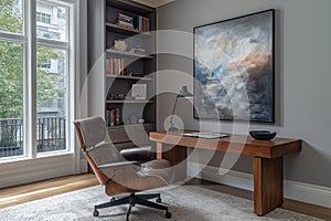 Floating walnut desk anchors a calm and curated minimalist home workspace photo