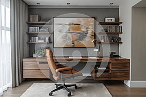 Floating walnut desk anchors a calm and curated minimalist home workspace photo