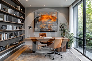 Floating walnut desk anchors a calm and curated minimalist home workspace photo