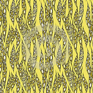 Abstract art wavy striped vector seamless pattern. Spotted wavy lines in black contours on yellow background