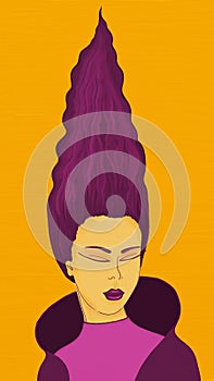 Abstract Art young woman Portrait. Woman with closed eyes, purple hair and lips on bright yellow textured background.
