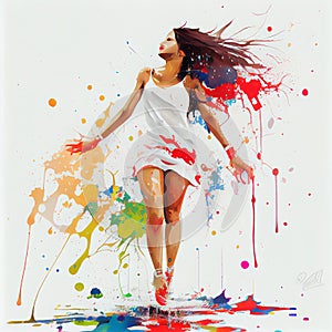 Abstract art of a young woman in white dress with paint splashes