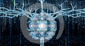 Abstract Artificial Intelligence Neural Network With Glowing Lightbulbs and Binary Code