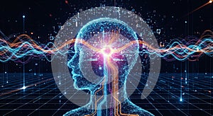 Artificial Intelligence Neural Network Human Head With Digital Data Waves