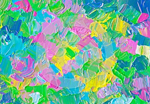 Abstract artistic background. Colorful textured backdrop. Blue, yellow, green, pink, purple, white brush strokes on paper