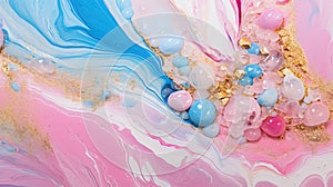 Abstract artistic background with pearlescent pink marble and holographic golden paint stains