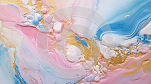 Abstract artistic background with pearlescent pink marble and holographic golden paint stains.