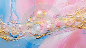 Abstract artistic background with pearlescent pink marble and holographic golden paint stains.