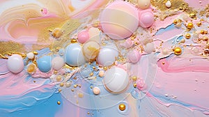 Abstract artistic background with pearlescent pink marble and holographic golden paint stains.