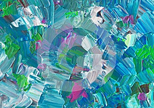 Abstract artistic background texture. Colorful contemporary. Blue, purple, green, pink, turquoise, white brush strokes on paper