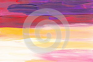 Abstract artistic background texture. Red, yellow, purple and white painting. Brush strokes on paper