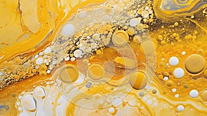 Abstract artistic background with yellow marble and golden paint stains.