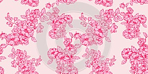 Abstract artistic blossoms branches floral seamless pattern. Vector hand drawn illustration. Bi color pink branches flowers