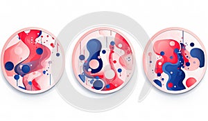 Abstract artistic composition with red, blue and white circles and splashes on a light background