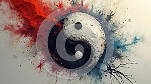 Abstract artistic explosion of yin and yang symbol with vibrant colors