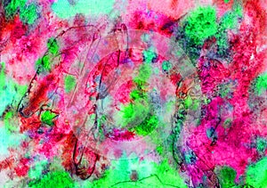 Abstract artistic hand painted watercolo, pink and green colors