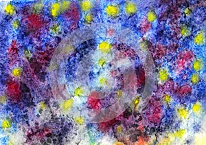 Abstract artistic hand painted watercolor background, mixed colors in blue, yellow, red colour palette