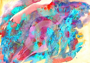 Abstract artistic hand painted watercolor, pink, turquoise colors palette