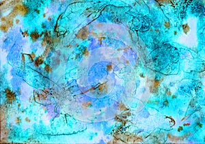 Abstract artistic hand painted watercolor, turquoise color palette