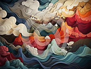 Abstract Artistic Landscape with Stylized Waves and Trees