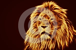 Abstract, artistic lion portrait. Fire flames fur