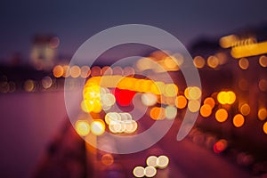 Abstract artistic photo: blurry cityscape with streetlights