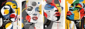 Abstract artistic poster. Beautiful woman color face portrait with paint spots and strokes creative placard set. Female