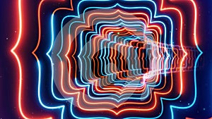 Abstract Artistic Rotating Blue Orange Fancy Frame Lines Neon Light Curved Tunnel With Blinking Glitter Dust Background 3d