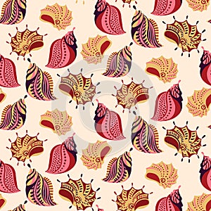 Abstract artistic sea shells seamless pattern on a light background. Vector hand drawn. Colorful ocean marine shell print.