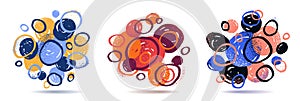 Abstract artistic vector backgrounds with hand drawn colorful circles set, positive cute and funny, art style illustrations for