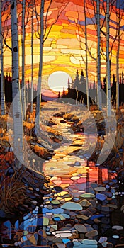 Sunset Over Stream: Abstract Painting Inspired By Becky Cloonan And Erin Hanson photo