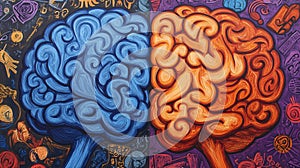 Abstract Artwork of Blue and Orange Brain Representing Creativity and Logic