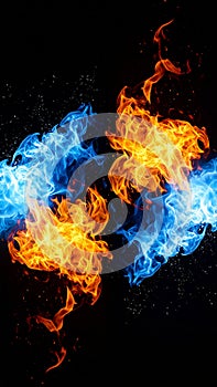 Abstract artwork of blue and orange flames burning dramatically against a black background