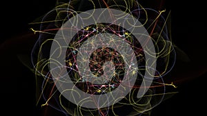 Abstract artwork. Colorful lines with particles on black background.