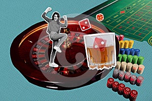 Abstract artwork composite photo collage of eccentric woman play casino roulette get whiskey roll dice isolated on