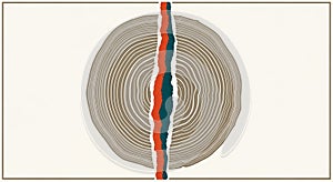Abstract artwork features a large circular