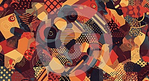 Abstract artwork featuring a chaotic array of geometric shapes and patterns in