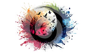 Abstract artwork featuring a circular design with a bare tree on