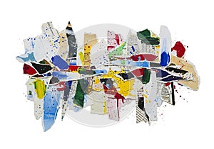 Abstract artwork featuring a collage of torn newspaper pieces and