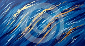 Abstract artwork featuring dynamic brushstrokes in various shades of blue,