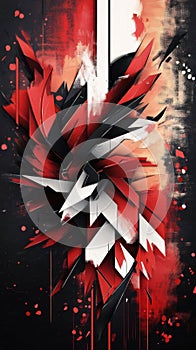 Abstract artwork featuring dynamic shapes and bold colors in red, black, and white