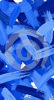 Abstract artwork featuring dynamic strokes of blue paint in various shades. The