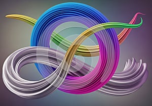 Abstract artwork featuring intertwined, ribbon-like structures in