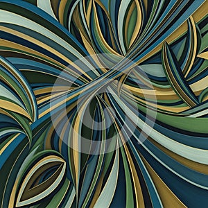 Abstract artwork featuring an intricate pattern of overlapping, curved layers. The