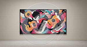 Abstract artwork featuring musicians and instruments. Dominant elements include a