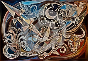 Abstract artwork featuring mythological and celestial