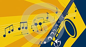 Abstract artwork featuring a saxophone and musical notes. Bold yellow and blue
